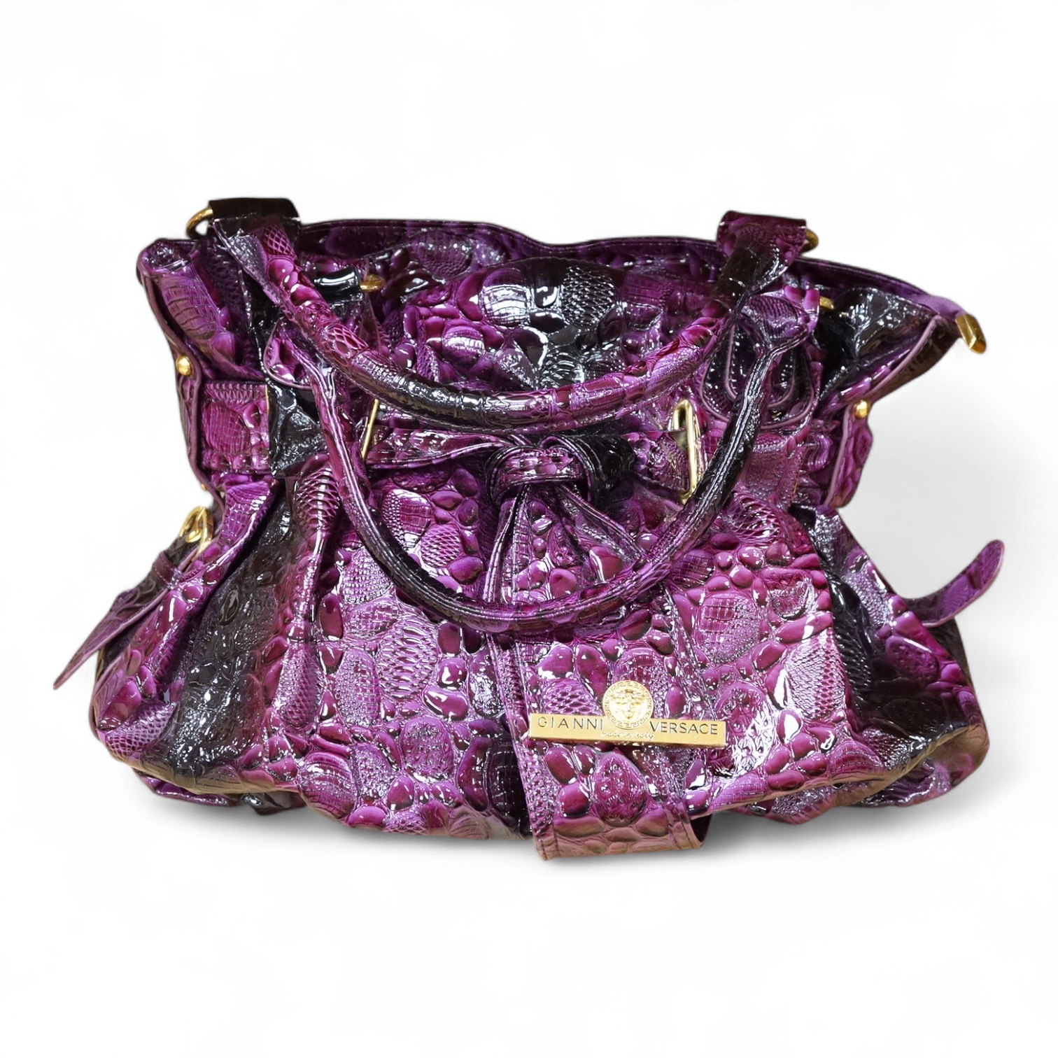 A purple patent Versace large handbag, approximately 41cm wide